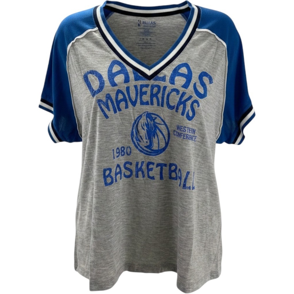 WEAR Erin Andrews Dallas Mavericks NBA V-Neck Tee Shirt Grey Blue Womens XL NEW